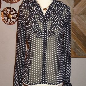 Tahari Blouse Top Sheer Polka Dot Ruffled Button Office Shabby Chic Feminine